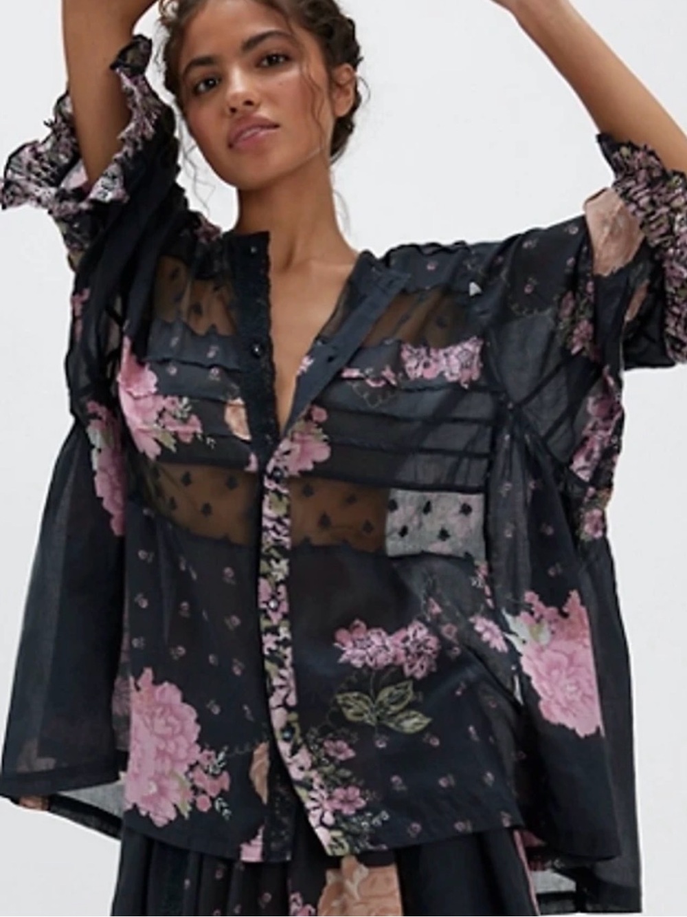 Free People Black Sheer Floral Button-Up Blouse with Pink Flowers